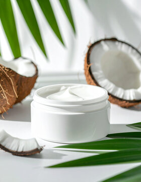 Rich coconut body cream in elegant white cosmetic jar, fresh coconut halves and tropical green leaves, luxurious moisturizing skincare atmosphere, premium cosmetic advertising. Close-up.