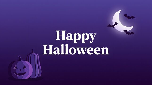 A festive purple background featuring a crescent moon bats and pumpkins with the text happy halloween greeting