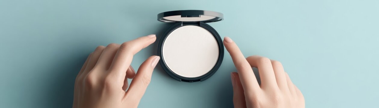 Open makeup face powder compact with hands on soft blue surface hands touch an open face powder compact on pastel blue background