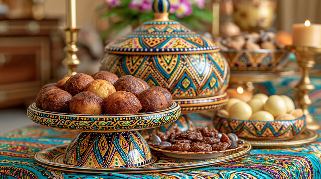 Traditional middle eastern feast spread with decorative tableware and sweets