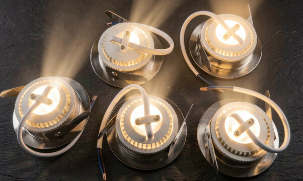 Five glowing recessed LED spotlights on a dark textured background