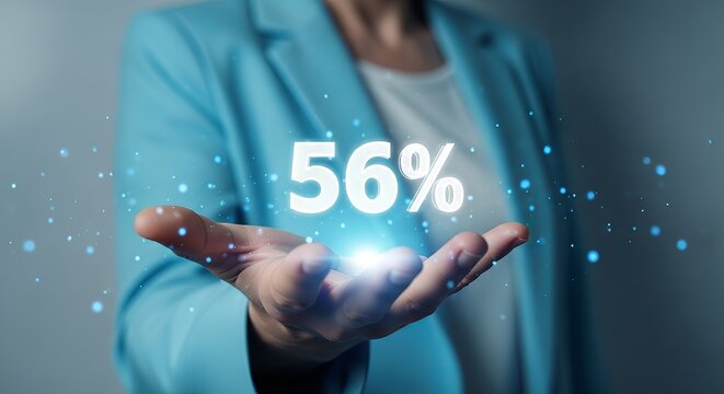 Businesswoman holding fifty-six percent digital growth statistic in hand.