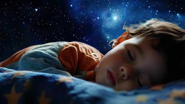 A peaceful scene of a young child sleeping with a night sky space theme, perfect for dreams of the cosmos.