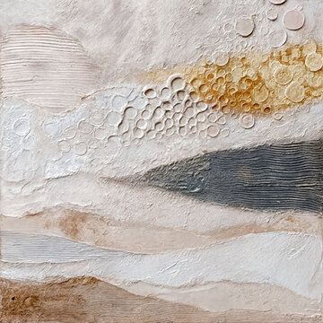 1 multi-panel tactile series combines organic geometric forms, heavy impasto texturing, and rich earthy tones blending raw plaster-like plaster finishes with subtle ochre, slate gray, and bone white 