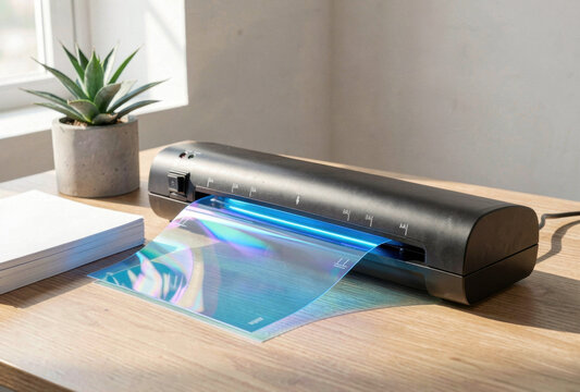 Black laminating machine with a holographic pouch on a wooden desk