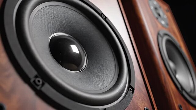 Close-up of a Wooden Speaker Cabinet with a Large Woofer and Tweeter