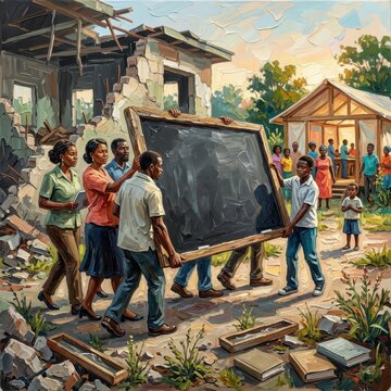 Community members transporting a chalkboard in a damaged neighborhood