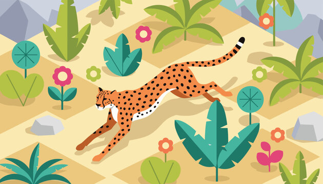 Stylized isometric illustration of a wild cheetah running fast through a colorful desert landscape with plants.