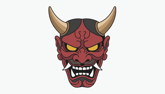 Traditional red Japanese devil mask depicting a menacing oni face with sharp golden horns and fangs on white.