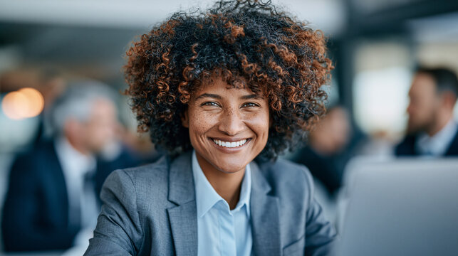 Confident african american businesswoman smiling happily while working in modern