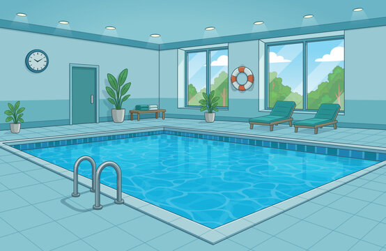 Indoor Swimming Pool Interior Cartoon Vector Illustration