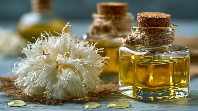Bottles of natural cosmetic essential oil with white flower and wooden backdrop