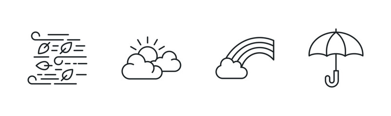 Fototapeta premium Set of linear icons representing autumn and weather symbols wind and flying leaves sun through clouds rainbow umbrella perfect for seasonal app design web icons or UI elements isolated on white. Vecto