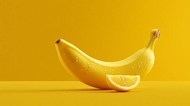 Fresh whole yellow banana with lemon slice on bright yellow background