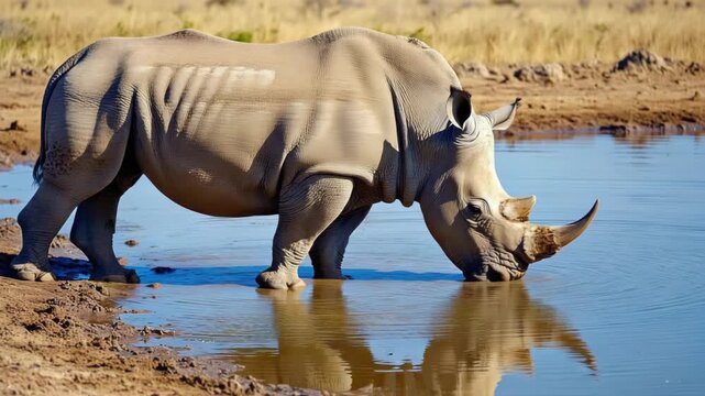 A gray rhino drinking water from a pond.