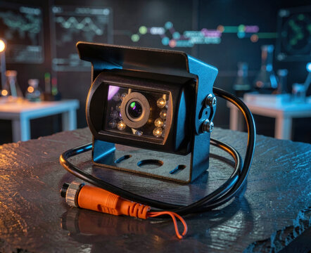 Rugged black surveillance camera with infrared LEDs on textured slate