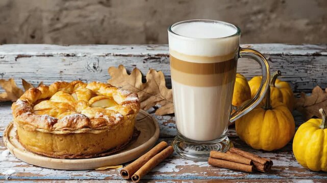 A warm beverage with cinnamon and a slice of apple pie on a rustic wooden table.
