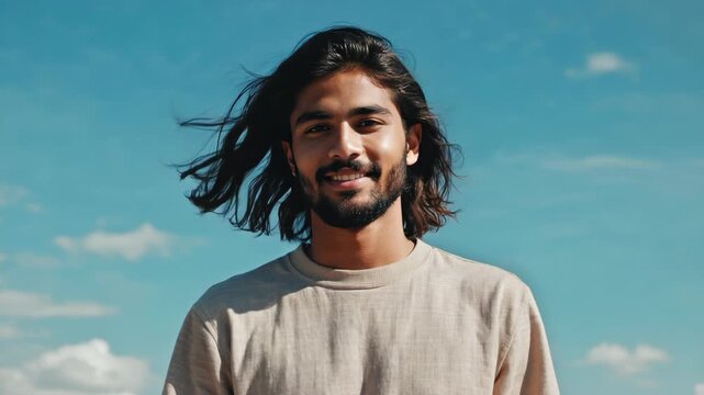 A person with long hair smiling and looking at the camera.