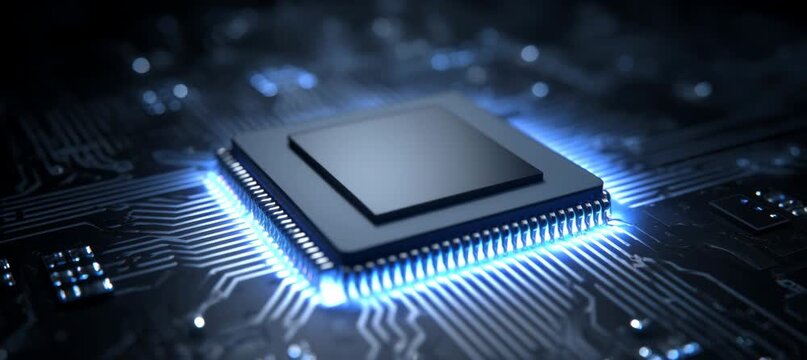 Microchip with glowing blue ight effect. Semiconductor hardware industry. Generative AI technology.	

