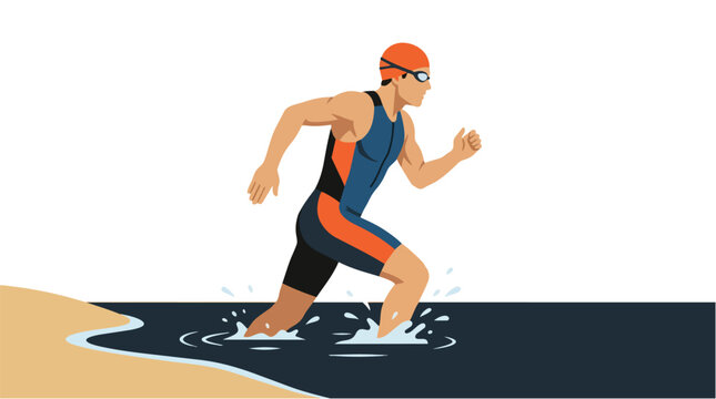 Professional triathlete man running out of water during a triathlon race.