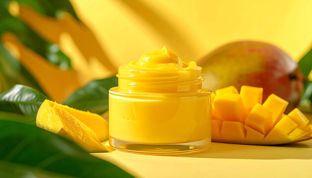 Tropical mango body cream in elegant cosmetic jar, fresh ripe mango slices and tropical green leaves, vibrant summer skincare atmosphere, premium beauty product. Close-up.