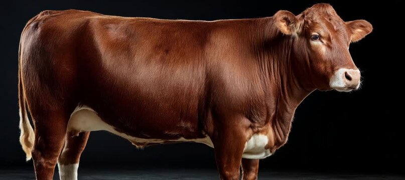 Brown cow against black background. Farm animal. Generative video AI technology.	
