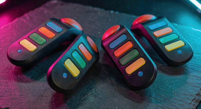 Four black gaming buzzers with colorful buttons on textured stone