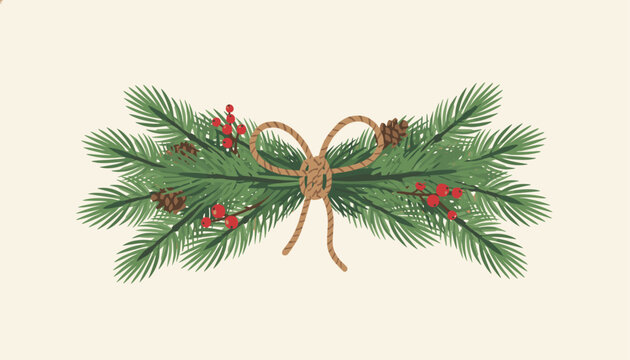 Beautiful christmas garland composed of evergreen pine branches, brown pinecones, red berries, and a rustic rope bow.
