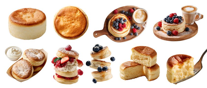 Set of souffl&eacute; souffle pancakes, fluffy jiggly cloud-like treats pastry, serving board with berries and coffee, fork, takeout boat tray with whipped cream, slice bitten, transparent cutout PNG mockup