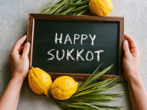 Hands holding sukkot greeting chalkboard with etrog and lulav