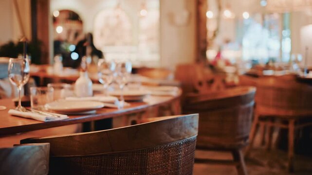 Elegant empty restaurant dining room interior with warm ambient lighting and wooden furniture.