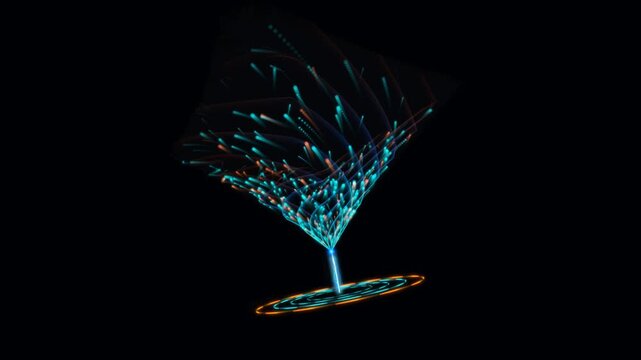Neon Digital Energy Vortex Tunnel Animation Featuring Glowing Blue Particle Flows On Black Backdrop