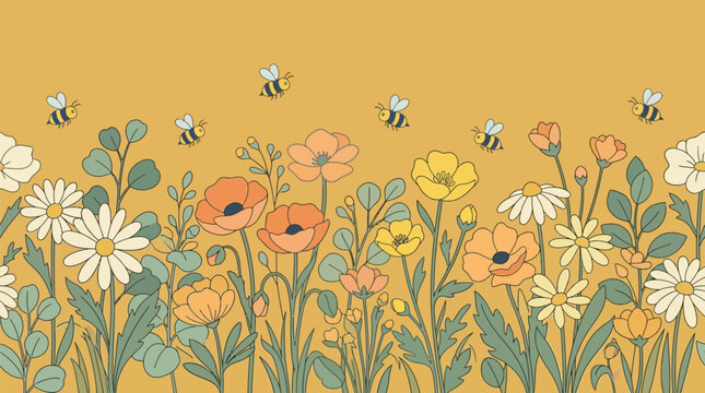 Wildflowers and bumblebees form a horizontal meadow border against a yellow background.