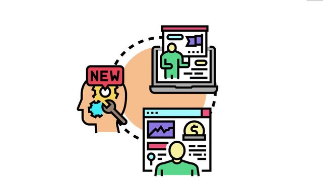 Business strategy development process involving online learning, creative thinking, new ideas, and analytical planning for effective solution implementation and growth