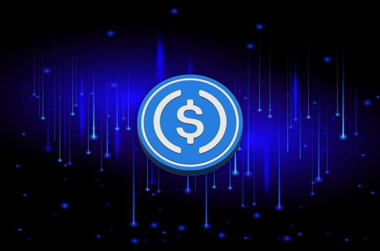 usdc cryptocurrency logos drawings on digital background.