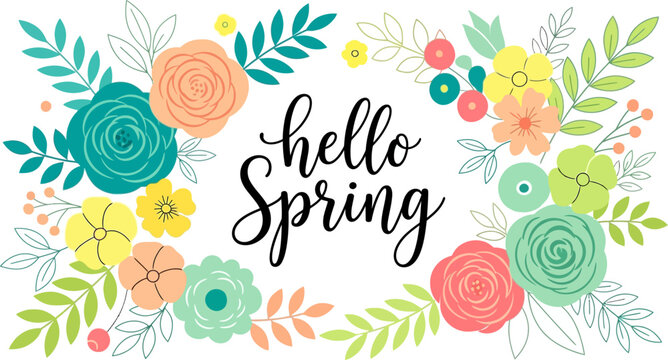 Spring greeting banner featuring colorful floral frame with central lettering on a white background.