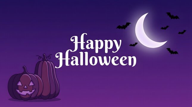 A festive happy halloween background featuring a glowing crescent moon bats and a spooky carved jack o lantern