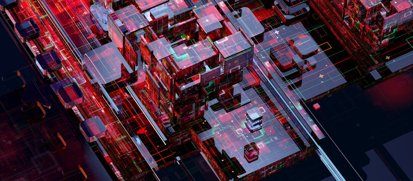 Digital information architecture: Multilayer network grid representing data flow, quantum computational systems, virtual infrastructure design. Information technology, cybersecurity, AI data science	