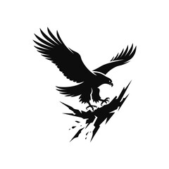 Obraz premium Dynamic eagle silhouette swooping down with extended wings over a broken rock, black and white