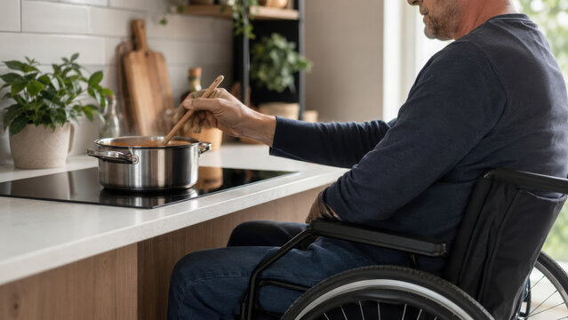Wheelchair user enjoying cooking activity in modern kitchen, stirring food in pot, independence and daily living, warm atmosphere