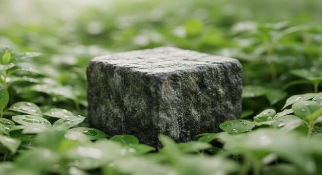 Stone podium in greenery background
