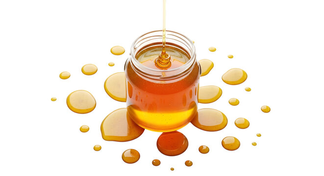 A delectable jar of golden honey pouring out surrounded by glistening droplets isolated on transparent background