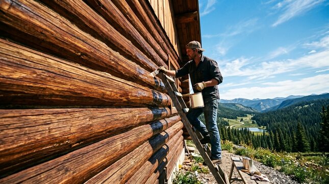 Dedicated craftsman diligently applies a protective stain to the rustic log wall of a remote mountain cabin, ensuring its preservation amidst a stunning natural landscape and clear sky