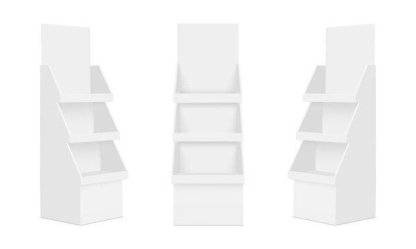 Retail display stands mockups set with shelves for product presentation, advertising and store branding. Vector illustration