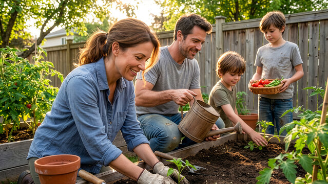 happy family gardening together in backyard