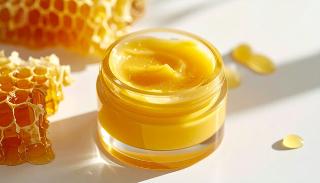 Nourishing honey face cream in cosmetic jar, natural honeycomb pieces, natural nourishing skincare atmosphere, premium beauty product. Close-up.