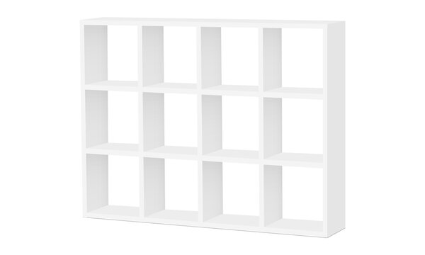 Storage shelving rack mockup with multiple shelves for retail display and interior design. Vector illustration