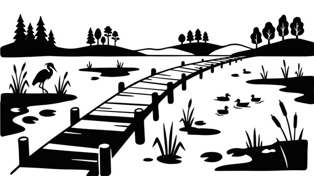 National Public Lands Day Wetland Wooden Dock Bridge over Lake with Ducks Line Art Vector