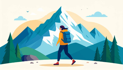 Fototapeta premium Person hiking in mountain landscape with snow and trees, flat vector illustration