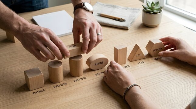 Business Team Collaborating on Strategic Process with Wooden Blocks